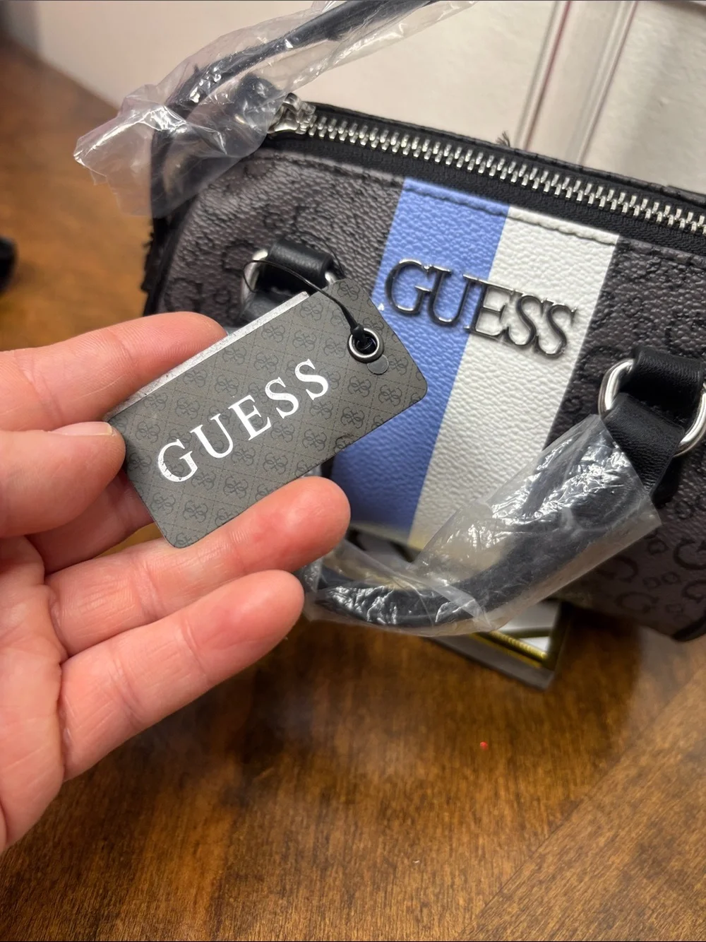 Guess Black Mini Satchel with Blue and White Center Stripe and crossbody strap - Picture 4 of 16